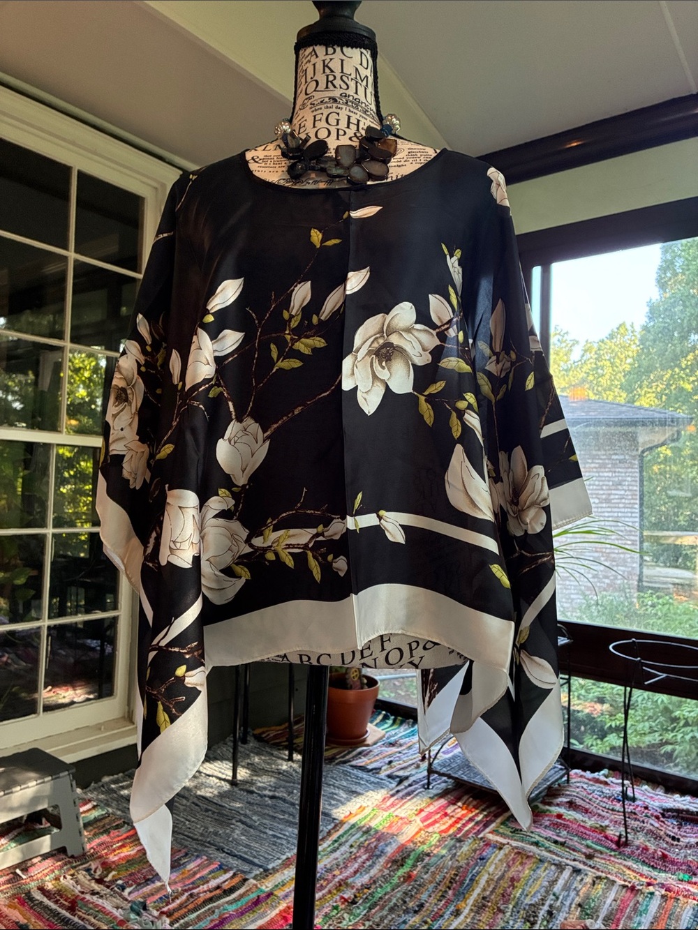 Black Floral Silk Poncho with White Magnolia Print